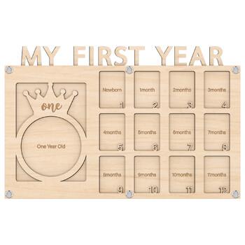 Ξύλινη πλάκα φωτογραφιών 2 επιπέδων \'My First Year\' με σχέδιο κορώνας – 13 θέσεις φωτογραφιών για παιδικά ορόσημα από νεογέννητο έως 1 έτους