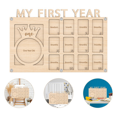 Panou foto din lemn cu 2 straturi „My First Year” cu design de coroană – 13 sloturi foto pentru reperele bebelușului de la nou-născut până la 1 an