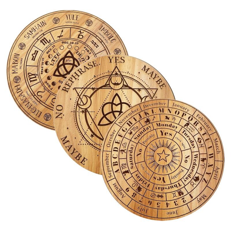 Medinės švytuoklės lentos lazerinis graviravimas žvaigždės Saulės mėnulis Taro aukuro būrimo reikmenys metafizinio gydymo meditacijos lėkštės ornamentas