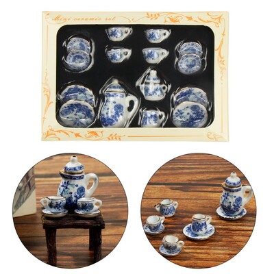 15Pcs 1:12 миниатюрен порцеланов комплект чаши за чай Chintz цвете сервиз Кухня Куклена къща Мебели Играчки за деца Чайник Направи си сам играчки