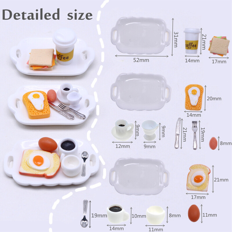 1:12 Babaház miniatűr reggeliző konyha hamburger tojás kávé étkezés tányér csésze kanál étel modell konyhai dekoráció