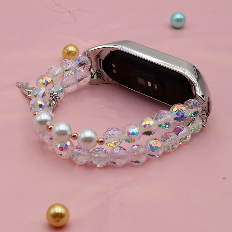 Náramok s krištáľovými perlami a korálkami pre Xiaomi Mi Band 8, remienok s popruhom, šperky, elegantný náramok, blingový remienok na hodinky, luxusný biely