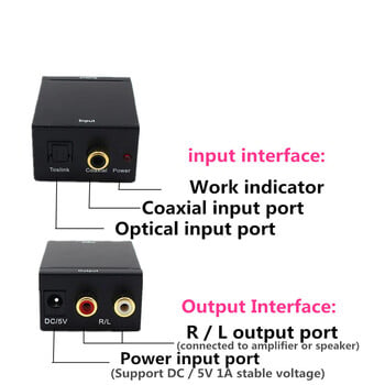 Ενισχυτής USB DAC με Bluetooth ψηφιακό σε αναλογικό μετατροπέα ήχου οπτικής ίνας Toslink ομοαξονικό σήμα σε αποκωδικοποιητή ήχου RCA R/L