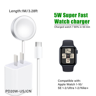 Magnetinis belaidis įkroviklis Apple Watch 10/9/8/7/6/5/SE/4 įkroviklis usb c, nešiojamasis greito įkrovimo stoties laidas, skirtas iwatch ultra