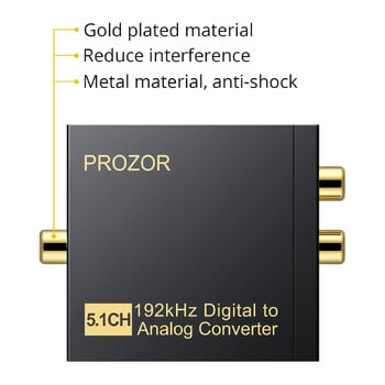 PROZOR 5.1ch DAC 192kHz Цифрово-аналогов аудио конвертор Коаксиален SPDIF Toslink към аналогов стерео RCA 3.5mm жак Аудио адаптер