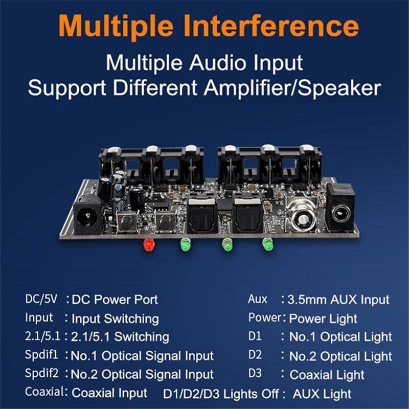 1 KOM 5.1 kanalni audio dekoder crni PCM digitalni optički koaksijalni DTS RCA Hifi stereo audio kućno kino dekoder ploča pojačala