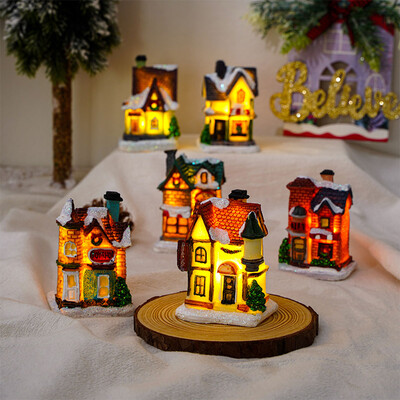Karácsonyi ház miniatűr díszek, gyönyörű falusi figurák építése gyűjthető gyanta figurák építőgarnitúrák bulizás