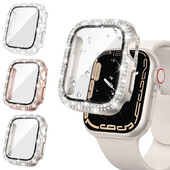Husă din sticlă + diamant pentru carcasa ceasului Apple 40mm 44mm 41mm 45mm 38mm 42mm Bling Bumper Protector iWatch series 9 3 5 6 7 8 se case