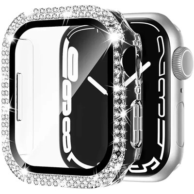 Husă din sticlă + diamant pentru carcasa ceasului Apple 40mm 44mm 41mm 45mm 38mm 42mm Bling Bumper Protector iWatch series 9 3 5 6 7 8 se case