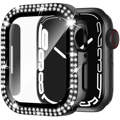 Husă din sticlă + diamant pentru carcasa ceasului Apple 40mm 44mm 41mm 45mm 38mm 42mm Bling Bumper Protector iWatch series 9 3 5 6 7 8 se case
