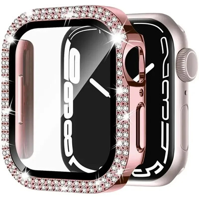Husă din sticlă + diamant pentru carcasa ceasului Apple 40mm 44mm 41mm 45mm 38mm 42mm Bling Bumper Protector iWatch series 9 3 5 6 7 8 se case