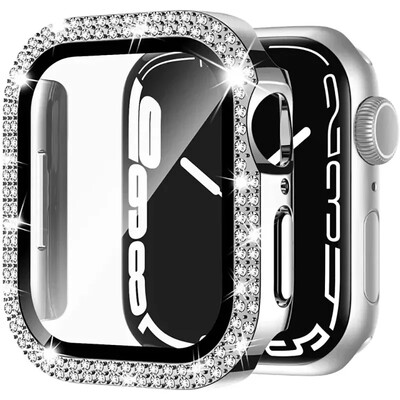 Husă din sticlă + diamant pentru carcasa ceasului Apple 40mm 44mm 41mm 45mm 38mm 42mm Bling Bumper Protector iWatch series 9 3 5 6 7 8 se case