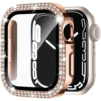 Husă din sticlă + diamant pentru carcasa ceasului Apple 40mm 44mm 41mm 45mm 38mm 42mm Bling Bumper Protector iWatch series 9 3 5 6 7 8 se case
