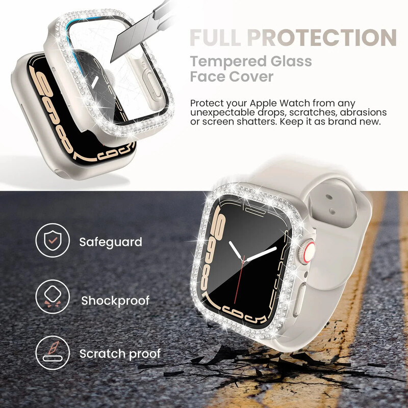 Husă din sticlă + diamant pentru carcasa ceasului Apple 40mm 44mm 41mm 45mm 38mm 42mm Bling Bumper Protector iWatch series 9 3 5 6 7 8 se case