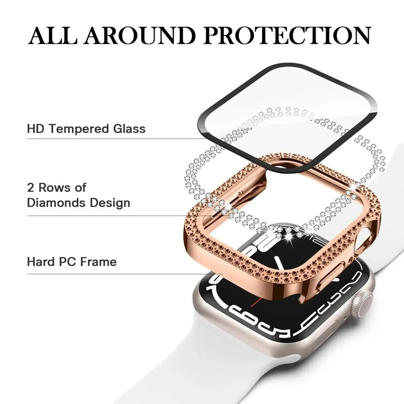 Husă din sticlă + diamant pentru carcasa ceasului Apple 40mm 44mm 41mm 45mm 38mm 42mm Bling Bumper Protector iWatch series 9 3 5 6 7 8 se case