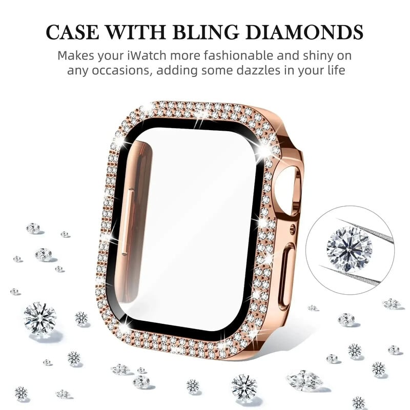 Husă din sticlă + diamant pentru carcasa ceasului Apple 40mm 44mm 41mm 45mm 38mm 42mm Bling Bumper Protector iWatch series 9 3 5 6 7 8 se case