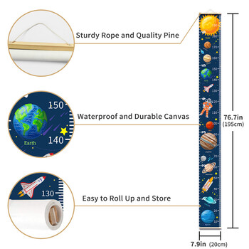 Линийка за измерване на височина за деца, карикатура Planet Rocket, висящ плакат с превъртане на диаграма за височината на бебето, картина за декорация на спалнята на момче