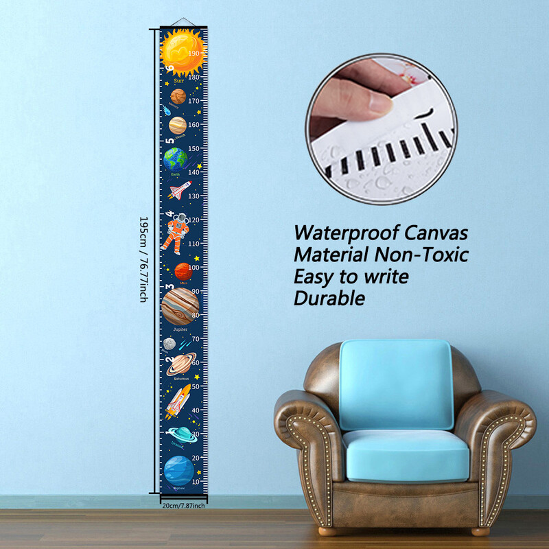Ravnalo za mjerenje visine za djecu, crtani Planet Rocket, viseći plakat s tablicom visine bebe, slika za uređenje dječačke spavaće sobe