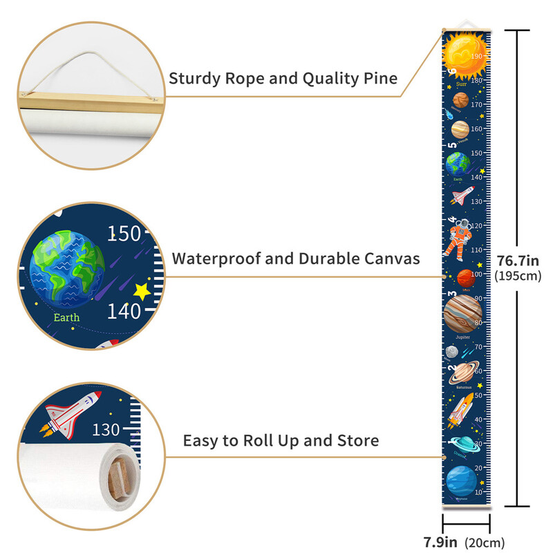 Ravnalo za mjerenje visine za djecu, crtani Planet Rocket, viseći plakat s tablicom visine bebe, slika za uređenje dječačke spavaće sobe