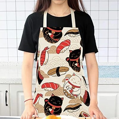 Японска престилка Lucky Cat Sushi Print Сладка престилка за готвене Жени Мъжки готвач Забавна престилка Детска престилка за рисуване Парти престилка, устойчива на петна