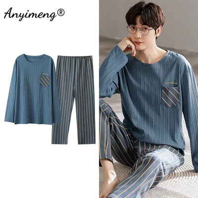 Didelio dydžio vyriškos pižamos rudens žiemos Naujas prašmatnus džentelmenas PJS mada Vyriški laisvalaikio mieginiai drabužiai Plediniai kelnės Medvilninis pižamų rinkinys berniukui