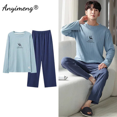 Didelio dydžio vyriškos pižamos rudens žiemos Naujas prašmatnus džentelmenas PJS mada Vyriški laisvalaikio mieginiai drabužiai Plediniai kelnės Medvilninis pižamų rinkinys berniukui