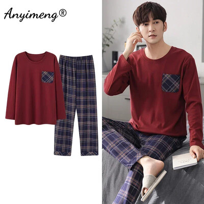 Didelio dydžio vyriškos pižamos rudens žiemos Naujas prašmatnus džentelmenas PJS mada Vyriški laisvalaikio mieginiai drabužiai Plediniai kelnės Medvilninis pižamų rinkinys berniukui