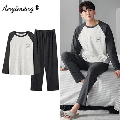 Didelio dydžio vyriškos pižamos rudens žiemos Naujas prašmatnus džentelmenas PJS mada Vyriški laisvalaikio mieginiai drabužiai Plediniai kelnės Medvilninis pižamų rinkinys berniukui