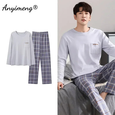 Didelio dydžio vyriškos pižamos rudens žiemos Naujas prašmatnus džentelmenas PJS mada Vyriški laisvalaikio mieginiai drabužiai Plediniai kelnės Medvilninis pižamų rinkinys berniukui