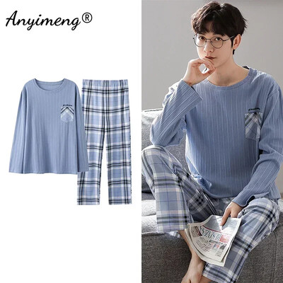 Didelio dydžio vyriškos pižamos rudens žiemos Naujas prašmatnus džentelmenas PJS mada Vyriški laisvalaikio mieginiai drabužiai Plediniai kelnės Medvilninis pižamų rinkinys berniukui