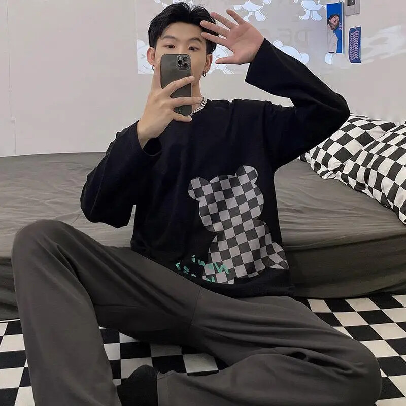 Muška pamučna pidžama s dugim rukavima Nova vrhunska odjeća za spavanje s medvjeđim dizajnom, široka domaća tanka spavaćica za mlade