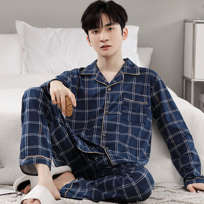 Férfi pamut pizsama szett, hosszú ujjú kardigán nadrág alkalmi kockás otthoni öltöny Férfi hálóruha Tavaszi őszi társalgóruha Nagy 3XL