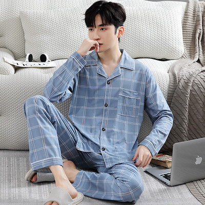 Férfi pamut pizsama szett, hosszú ujjú kardigán nadrág alkalmi kockás otthoni öltöny Férfi hálóruha Tavaszi őszi társalgóruha Nagy 3XL