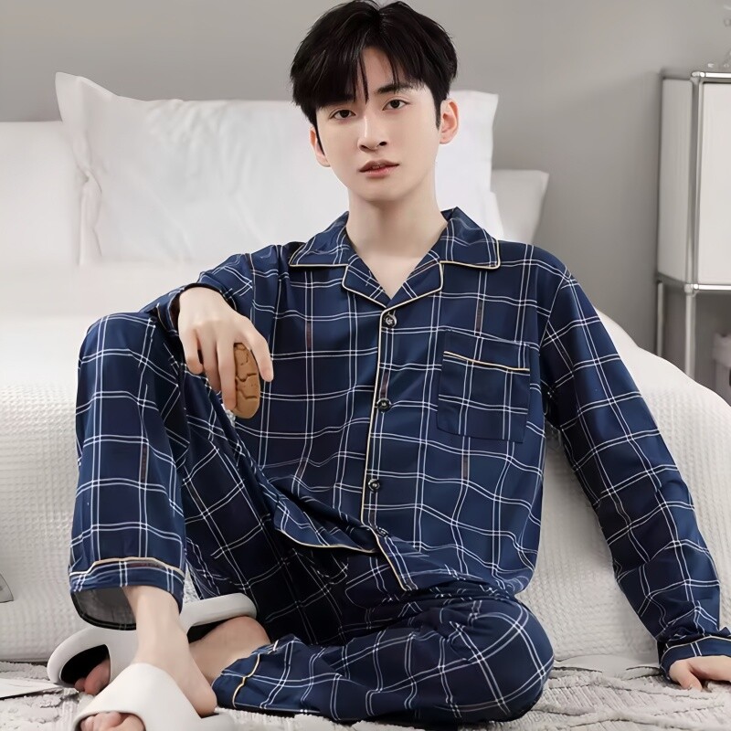 Férfi pamut pizsama szett, hosszú ujjú kardigán nadrág alkalmi kockás otthoni öltöny Férfi hálóruha Tavaszi őszi társalgóruha Nagy 3XL