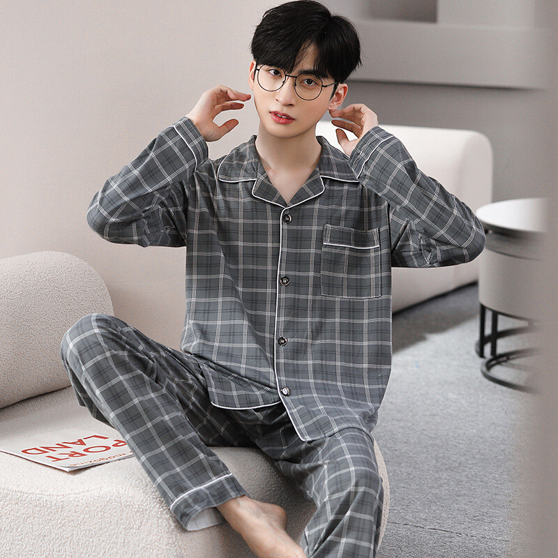 Férfi pamut pizsama szett, hosszú ujjú kardigán nadrág alkalmi kockás otthoni öltöny Férfi hálóruha Tavaszi őszi társalgóruha Nagy 3XL