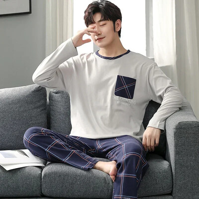 Fiúk nagyméretű pizsama szett tömör kerek nyakú, kötött pamut pizsama készletek férfiaknak 4XL pizsama őszi téli alkalmi férfi hálóruha
