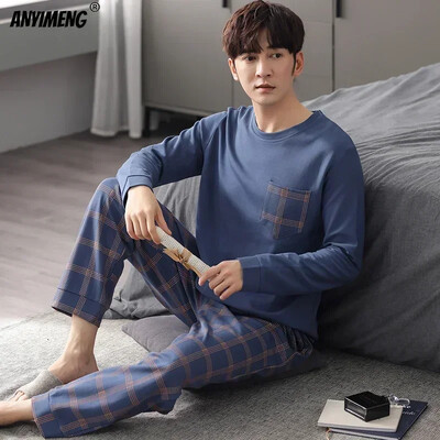 Fiúk nagyméretű pizsama szett tömör kerek nyakú, kötött pamut pizsama készletek férfiaknak 4XL pizsama őszi téli alkalmi férfi hálóruha