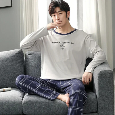 Fiúk nagyméretű pizsama szett tömör kerek nyakú, kötött pamut pizsama készletek férfiaknak 4XL pizsama őszi téli alkalmi férfi hálóruha