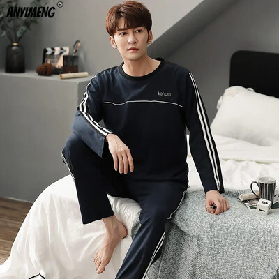 Fiúk nagyméretű pizsama szett tömör kerek nyakú, kötött pamut pizsama készletek férfiaknak 4XL pizsama őszi téli alkalmi férfi hálóruha