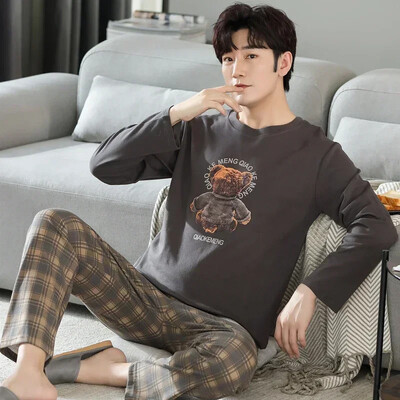 Fiúk nagyméretű pizsama szett tömör kerek nyakú, kötött pamut pizsama készletek férfiaknak 4XL pizsama őszi téli alkalmi férfi hálóruha