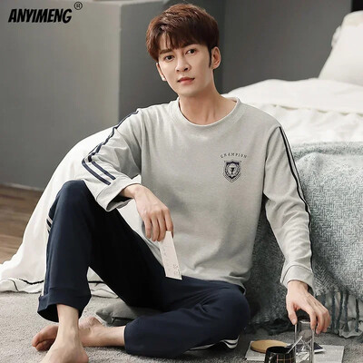 Fiúk nagyméretű pizsama szett tömör kerek nyakú, kötött pamut pizsama készletek férfiaknak 4XL pizsama őszi téli alkalmi férfi hálóruha