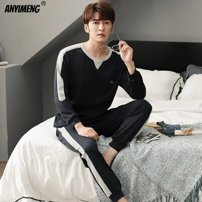 Fiúk nagyméretű pizsama szett tömör kerek nyakú, kötött pamut pizsama készletek férfiaknak 4XL pizsama őszi téli alkalmi férfi hálóruha