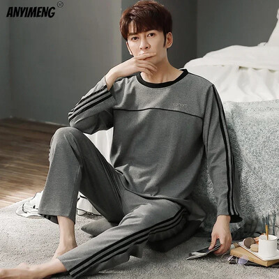 Fiúk nagyméretű pizsama szett tömör kerek nyakú, kötött pamut pizsama készletek férfiaknak 4XL pizsama őszi téli alkalmi férfi hálóruha