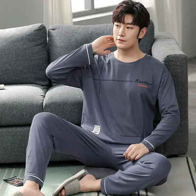 Fiúk nagyméretű pizsama szett tömör kerek nyakú, kötött pamut pizsama készletek férfiaknak 4XL pizsama őszi téli alkalmi férfi hálóruha