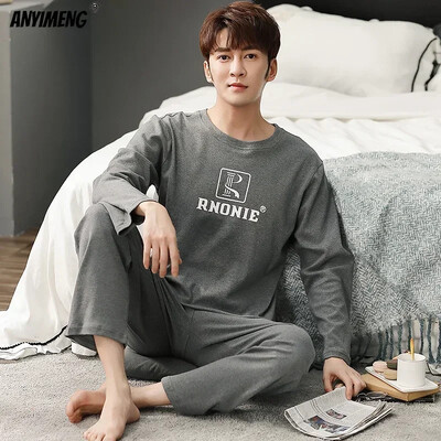 Fiúk nagyméretű pizsama szett tömör kerek nyakú, kötött pamut pizsama készletek férfiaknak 4XL pizsama őszi téli alkalmi férfi hálóruha