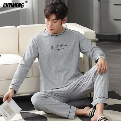 Fiúk nagyméretű pizsama szett tömör kerek nyakú, kötött pamut pizsama készletek férfiaknak 4XL pizsama őszi téli alkalmi férfi hálóruha