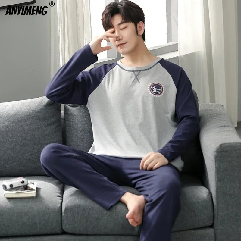 Fiúk nagyméretű pizsama szett tömör kerek nyakú, kötött pamut pizsama készletek férfiaknak 4XL pizsama őszi téli alkalmi férfi hálóruha