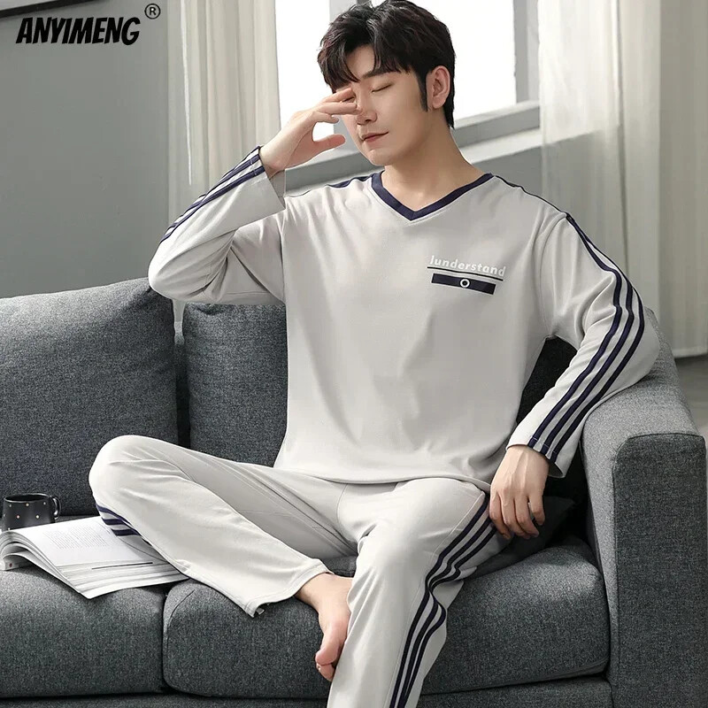 Fiúk nagyméretű pizsama szett tömör kerek nyakú, kötött pamut pizsama készletek férfiaknak 4XL pizsama őszi téli alkalmi férfi hálóruha