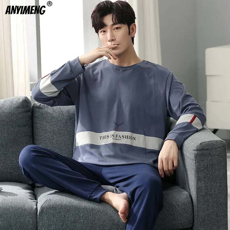 Fiúk nagyméretű pizsama szett tömör kerek nyakú, kötött pamut pizsama készletek férfiaknak 4XL pizsama őszi téli alkalmi férfi hálóruha