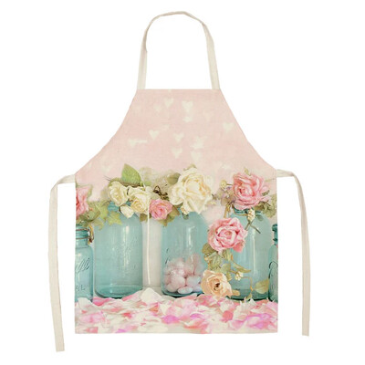 Doamnelor Roz cu flori din in imprimat șorț fără mâneci Lenjerie de bucatarie Bib Curățarea bucătăriei acasă Copii 47x38cm Adult 68x55cm